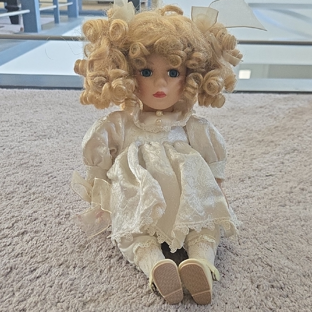 Porcelain Doll in Cream Dress with Blonde Curly Hair - Kids Toys